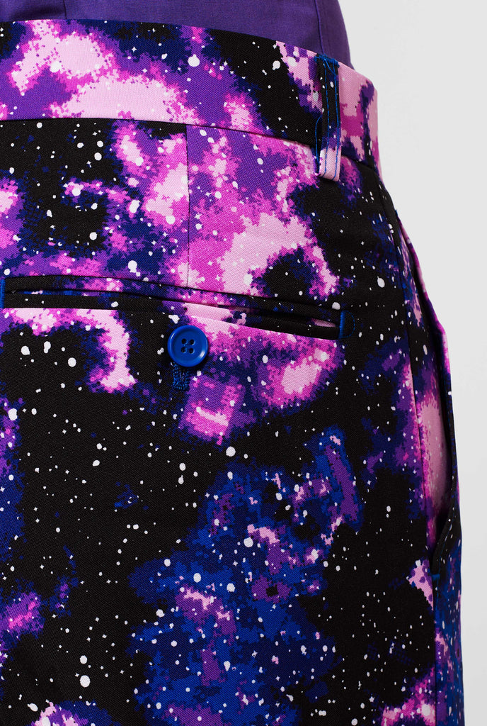 Man wearing suit with galaxy milkyway print, close up