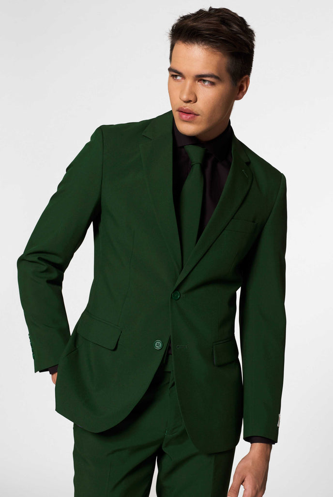 Solid color dark green men's suit Glorious Green worn by men zoomed in