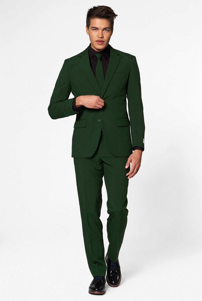 Solid color dark green men's suit Glorious Green worn by men zoomed in