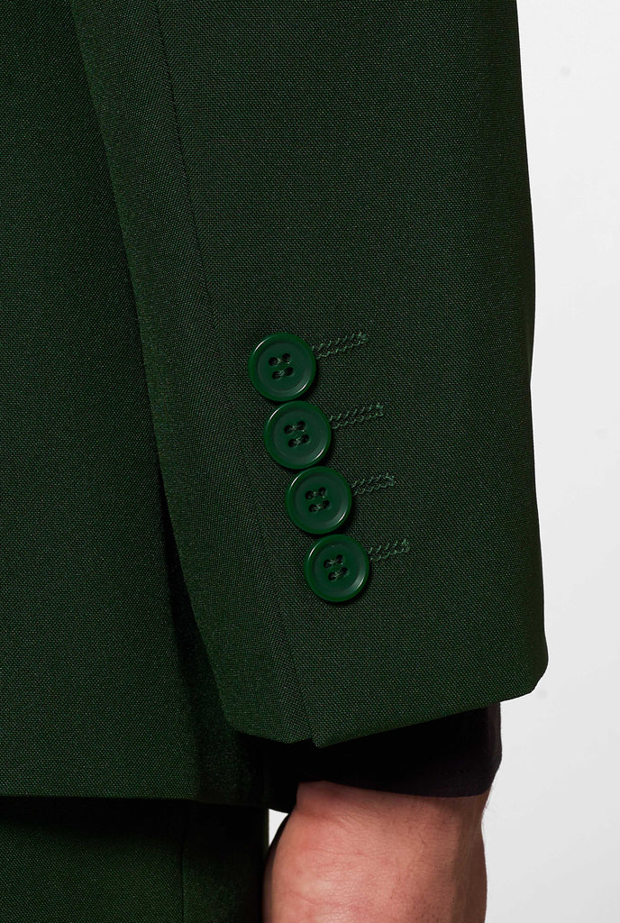 Solid dark green suit Glorious Green worn by men sleeve detail with green buttons