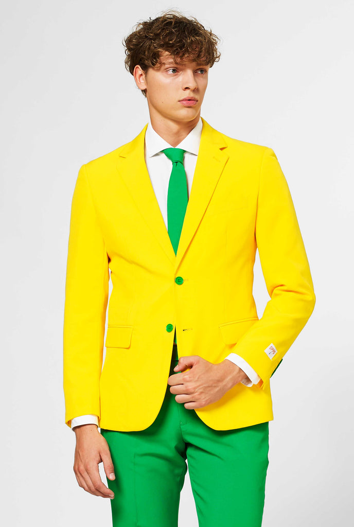 Man wearing green and yellow suit