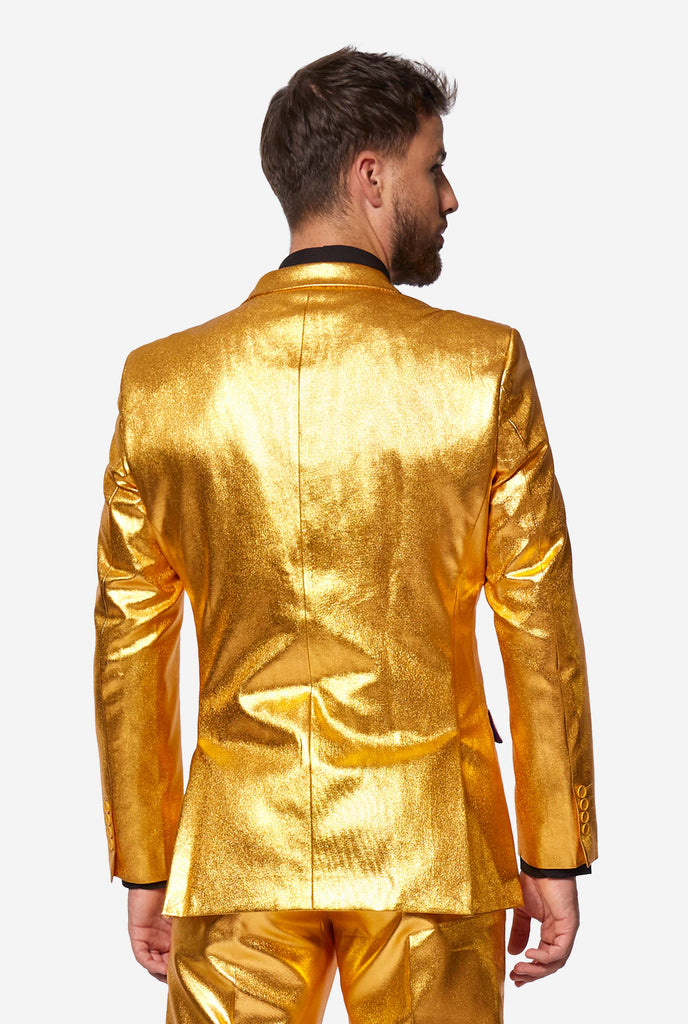 Gold men's party suit worn by man, view from the back