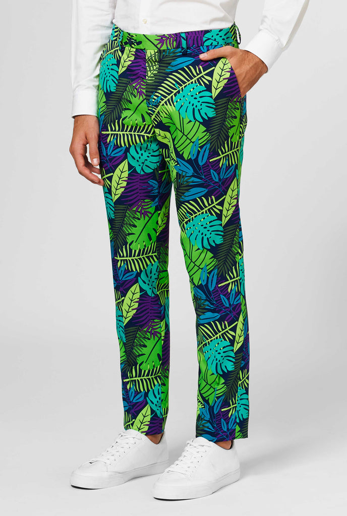 Jungle suit pants with green and purple leaf print