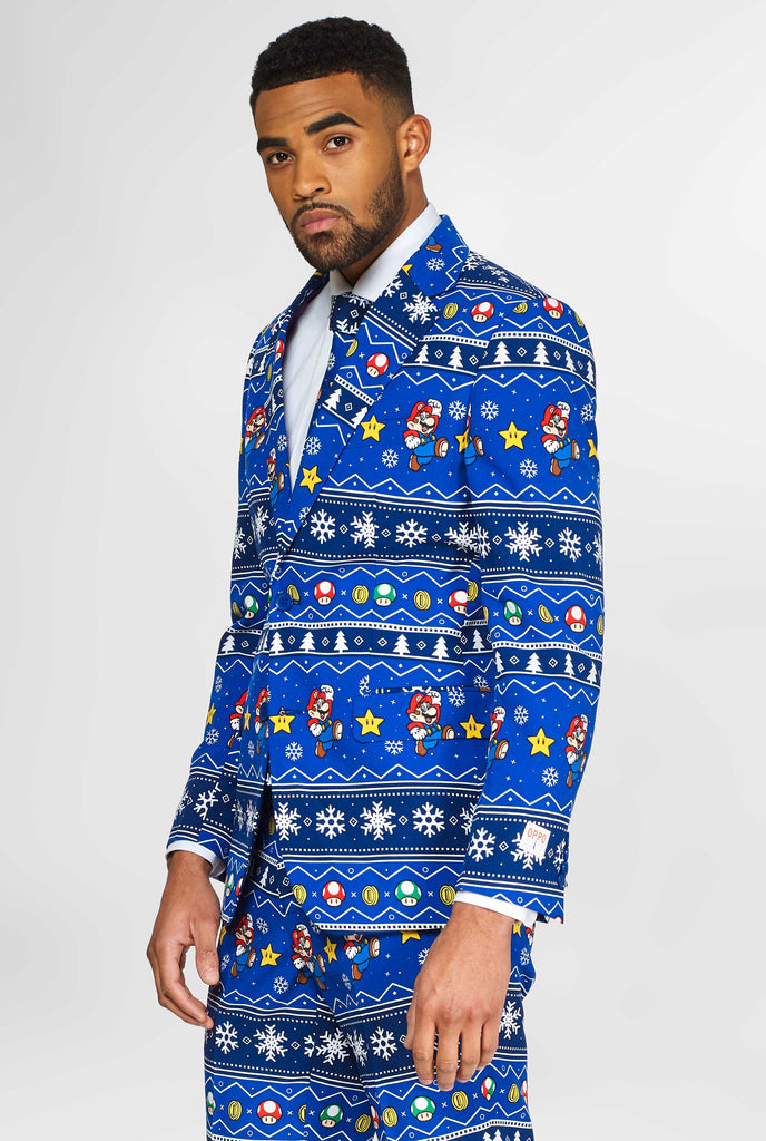 Super Mario Nintendo men's suit with Christmas themes worn by man