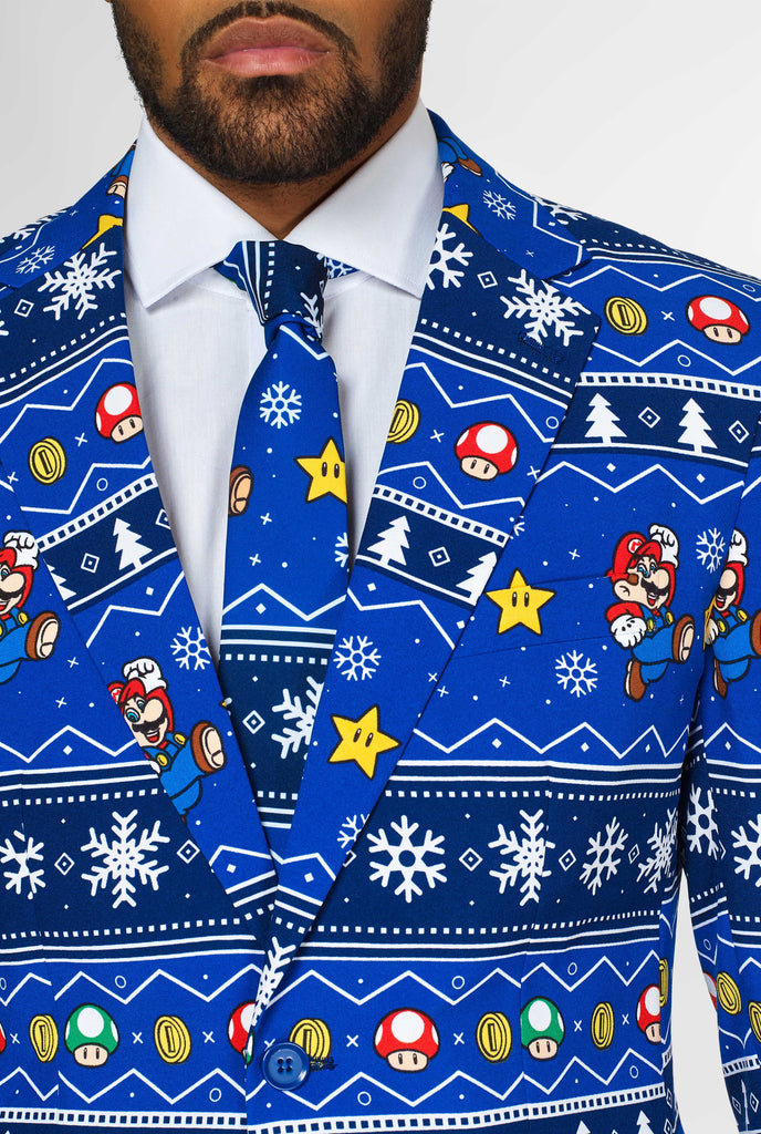 Super Mario Christmas suit with Christmas themes worn by man