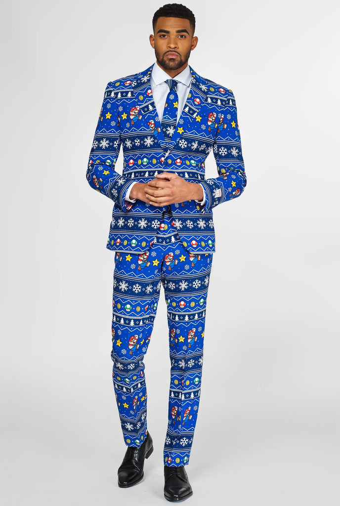 Nintendo Super Mario Christmas suit with Christmas themes worn by man