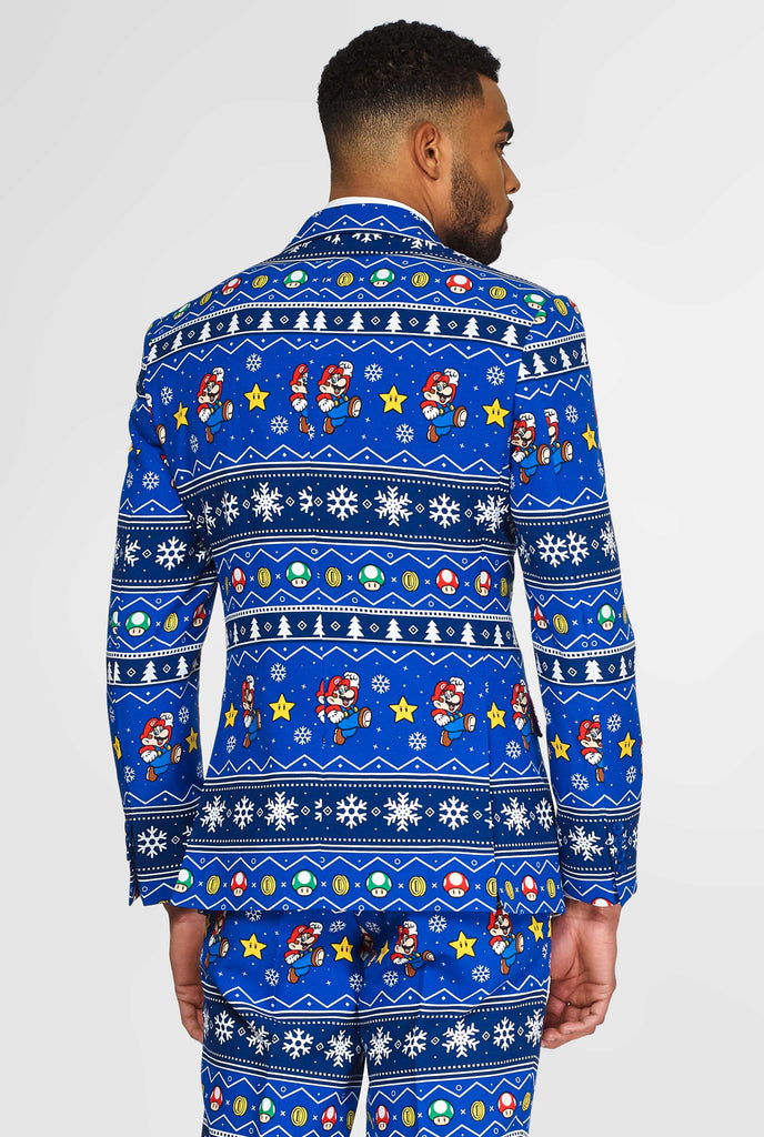 Super Mario suit with Christmas themes worn by man shown from behind