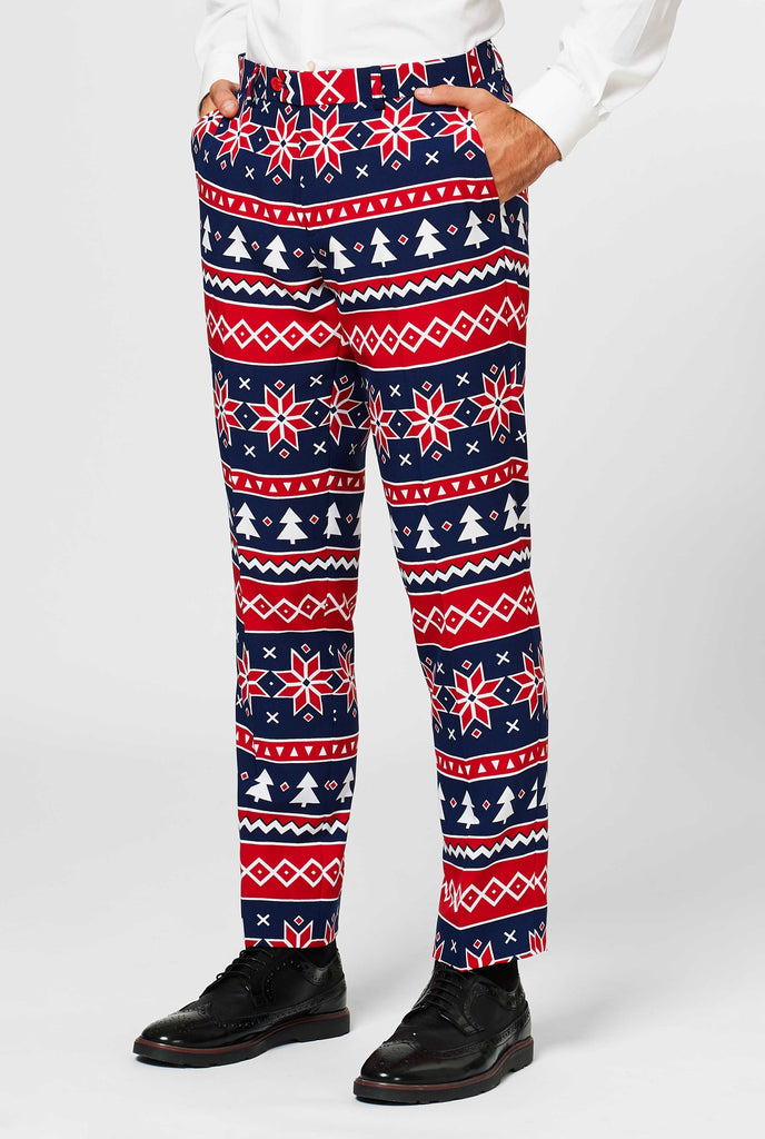 Nordic themed Christmas suit pants worn by man