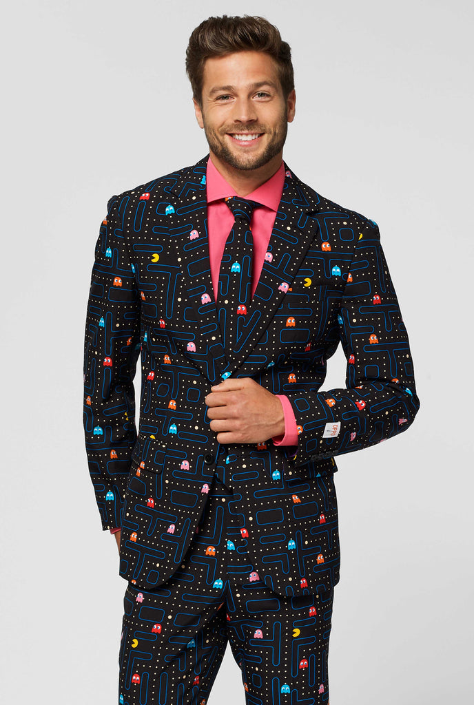 Pac-Man maze men's suit worn by man