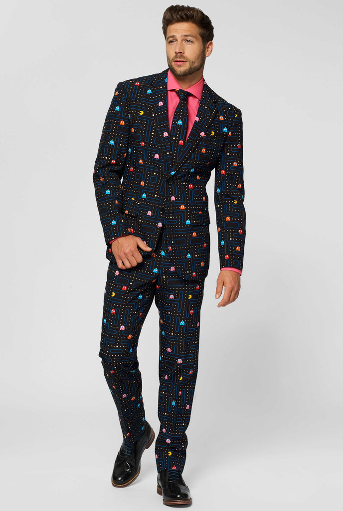 Pac-Man print men's suit worn by man