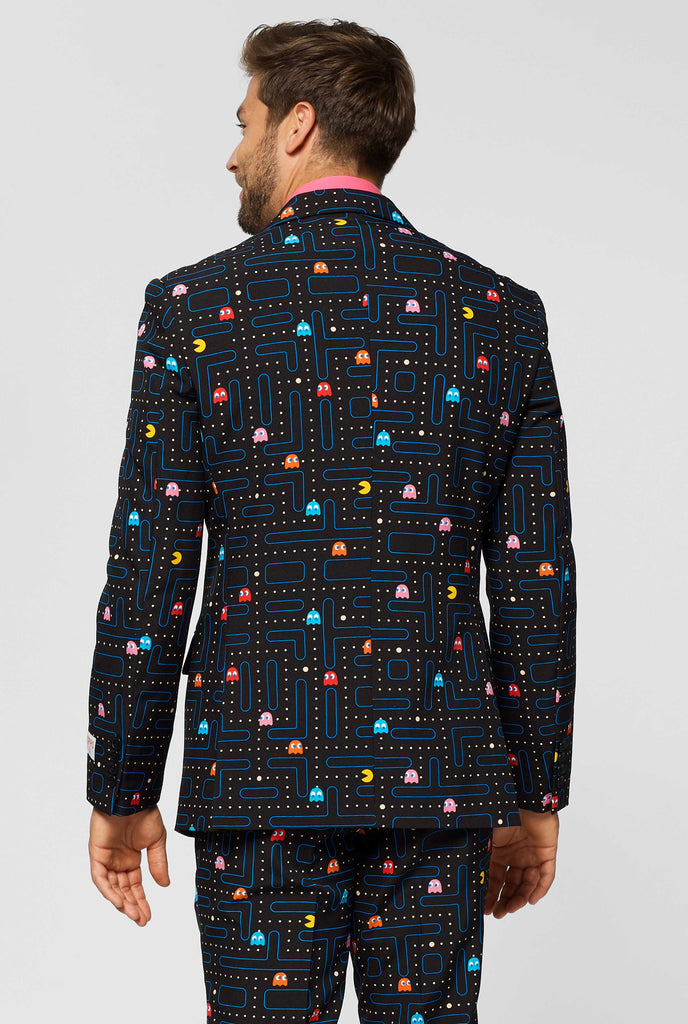 Pac-Man print men's suit worn by man back side jacket