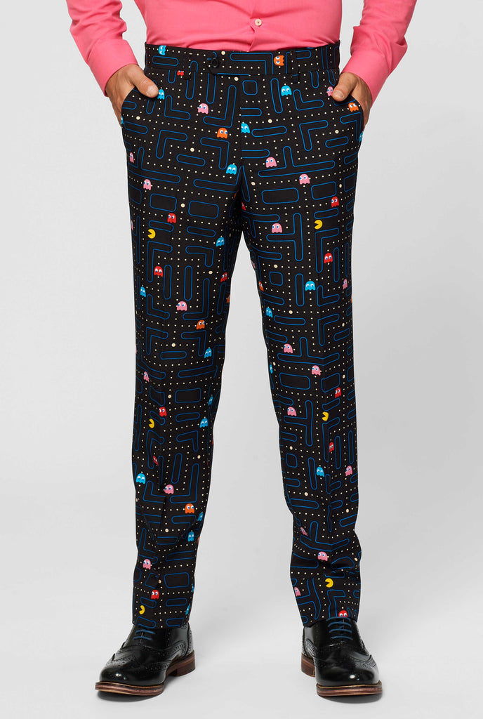 Pac-Man maze suit worn by man close up pants