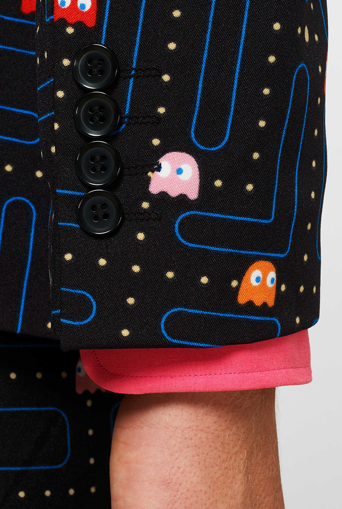 Pac-Man maze suit worn by man close up of sleeve