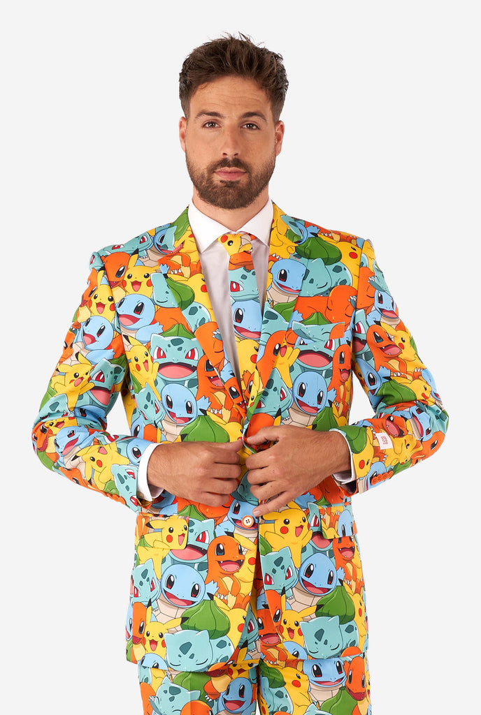 Man wearing suit with Pokémon, Pikachu print