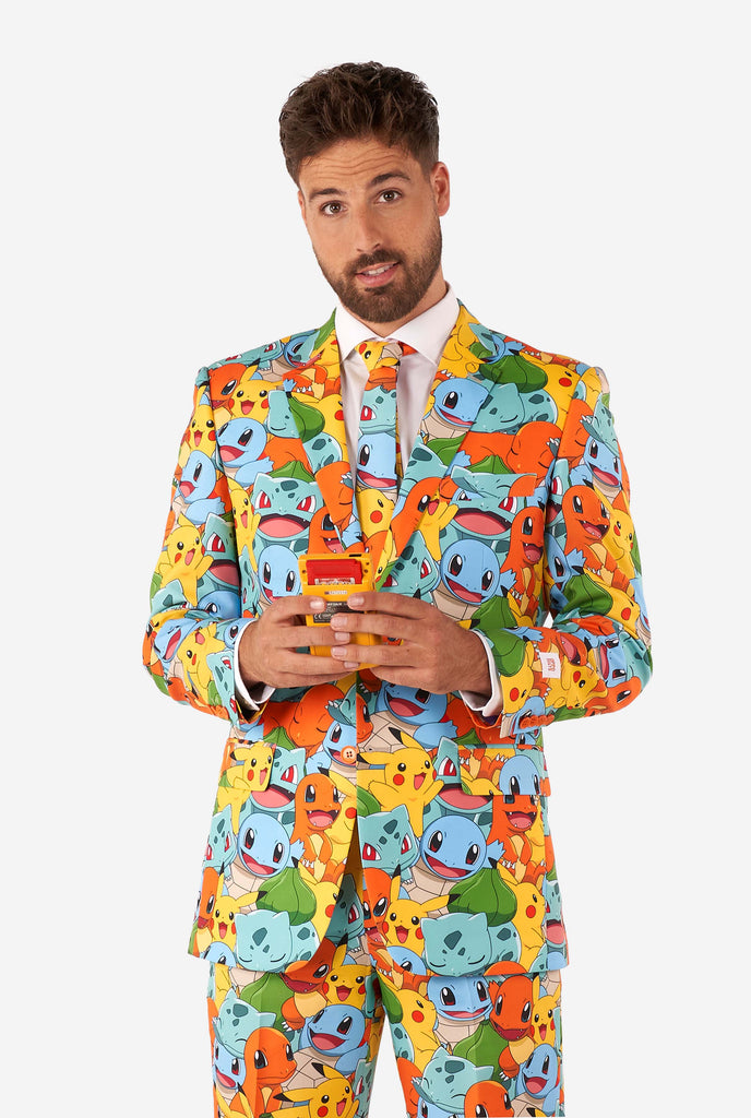 Man wearing suit with Pokémon, Pikachu print