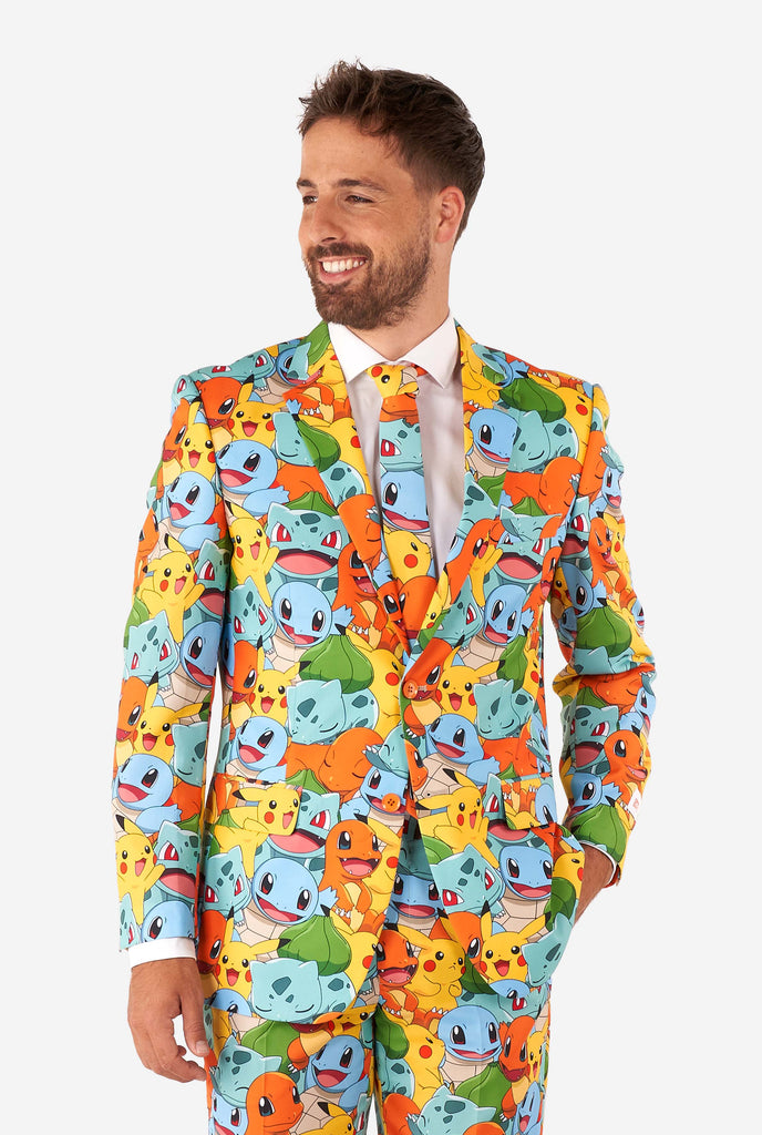 Man wearing suit with Pokémon, Pikachu print