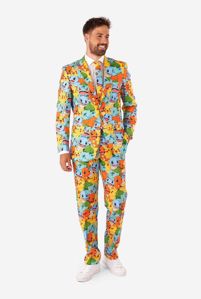 Man wearing suit with Pokémon, Pikachu print