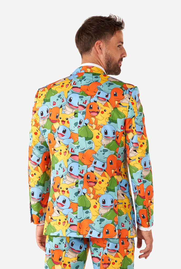 Man wearing suit with Pokémon, Pikachu print view from the back