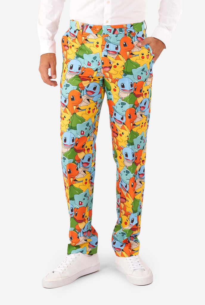 Man wearing suit with Pokémon, Pikachu print, Pants view