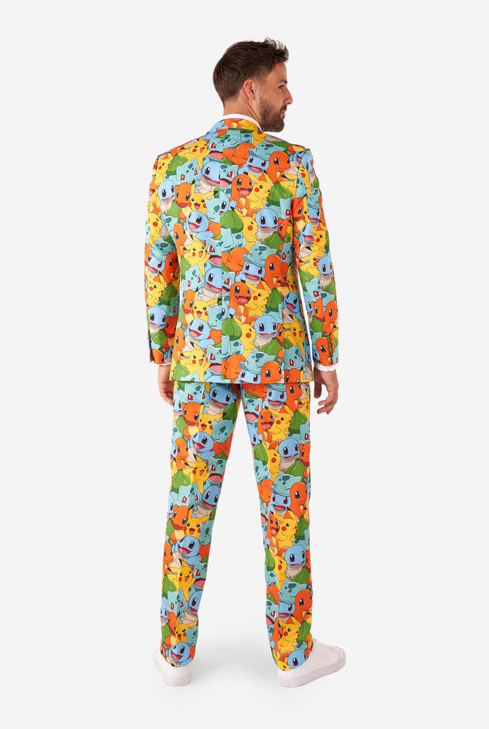 Man wearing suit with Pokémon, Pikachu print, from the back