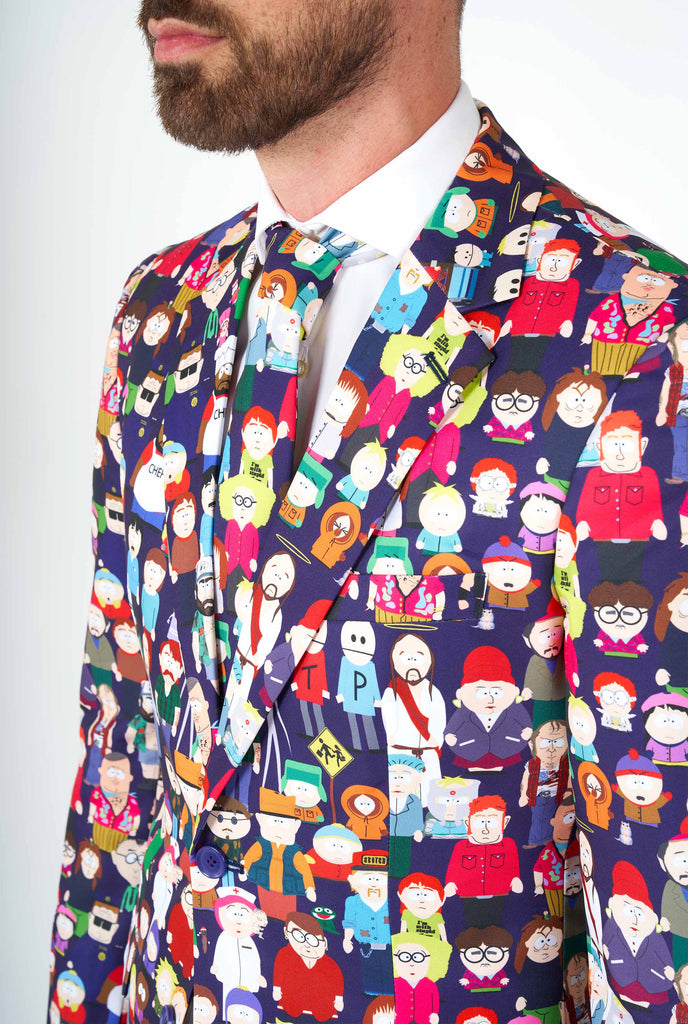 Man wearing Southpark men's suit, close up jacket from the side