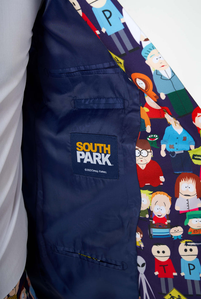 Man wearing Southpark men's suit, close up inside jacket