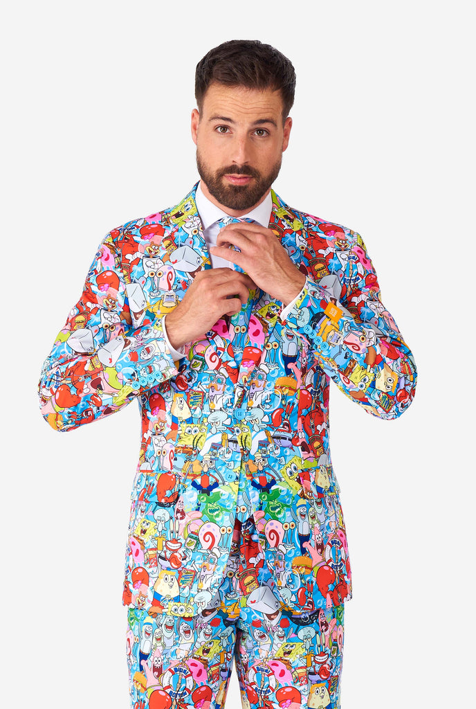 Man wearing men's suit with SpongeBob print 