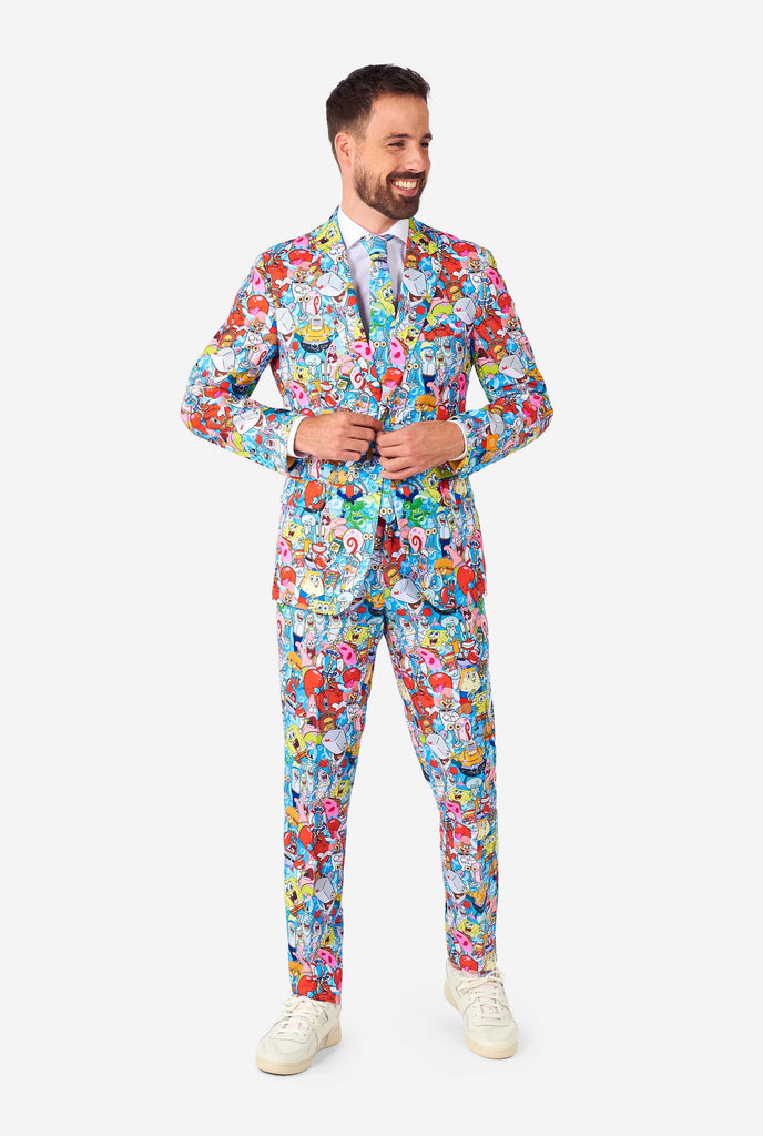 Man wearing men's suit with SpongeBob print