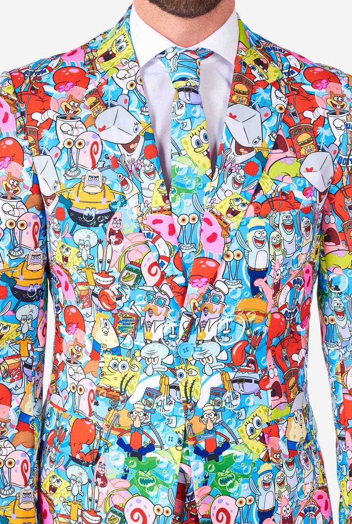 Man wearing men's suit with SpongeBob print