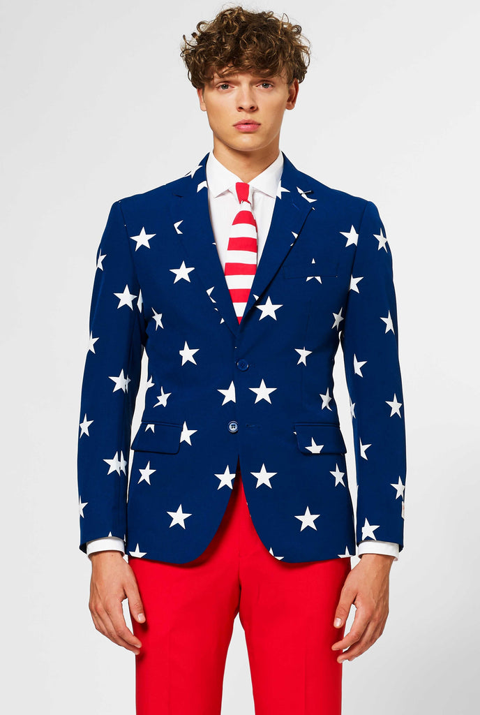 Man wearing red and blue USA themed suit for 4th of July