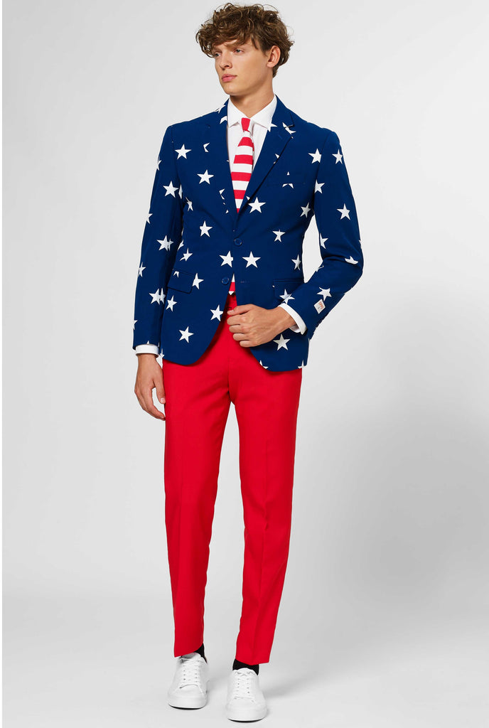 Man wearing red and blue USA themed 4th of July men's suit