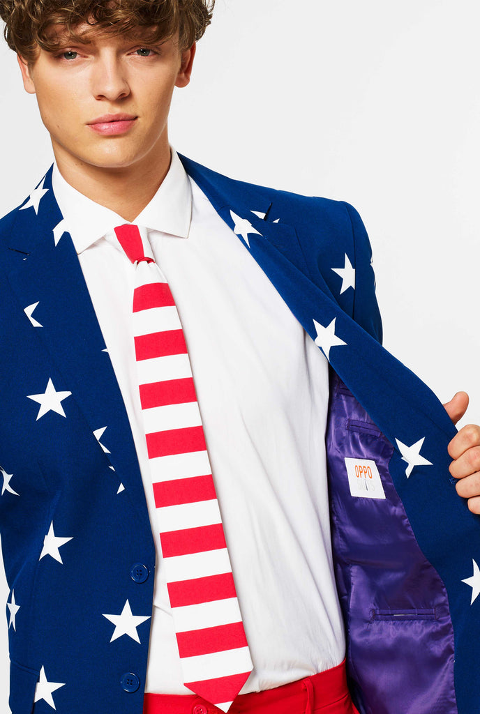 Man wearing red and blue USA themed 4th of July men's suit