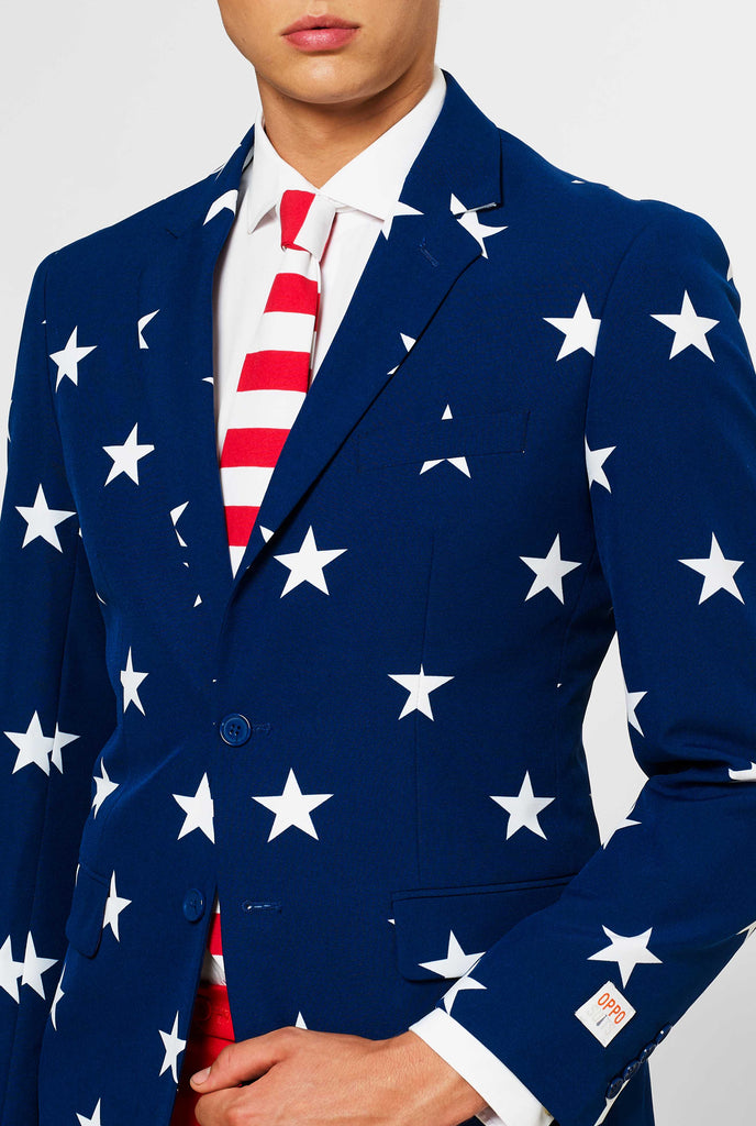 Man wearing red and blue USA themed 4th of July men's suit