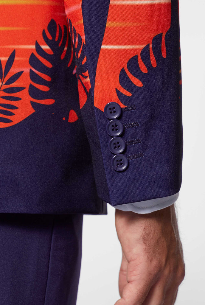 Man wearing Suave Sunset Hawaiian suit sleeve close up