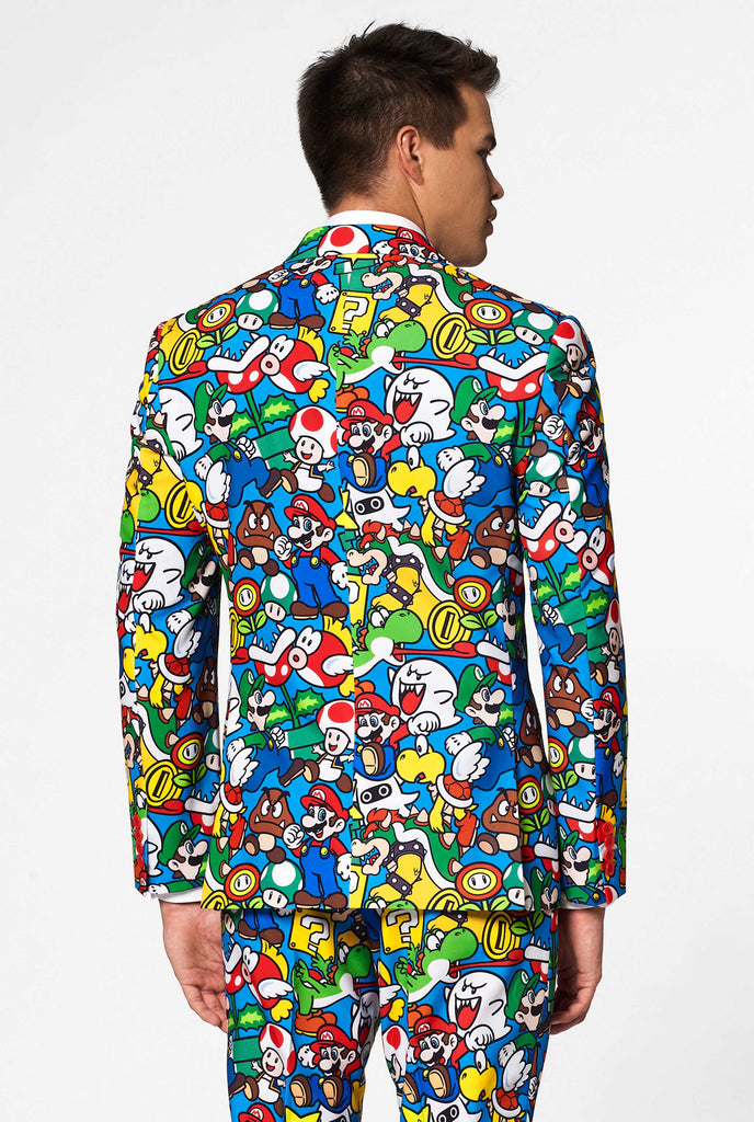 Funny Carnaval gaming suit Super Mario worn by man backside jacket