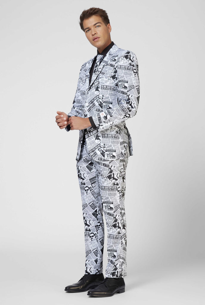 Funny newspaper print men's suit Textile Telegraph worn by man 