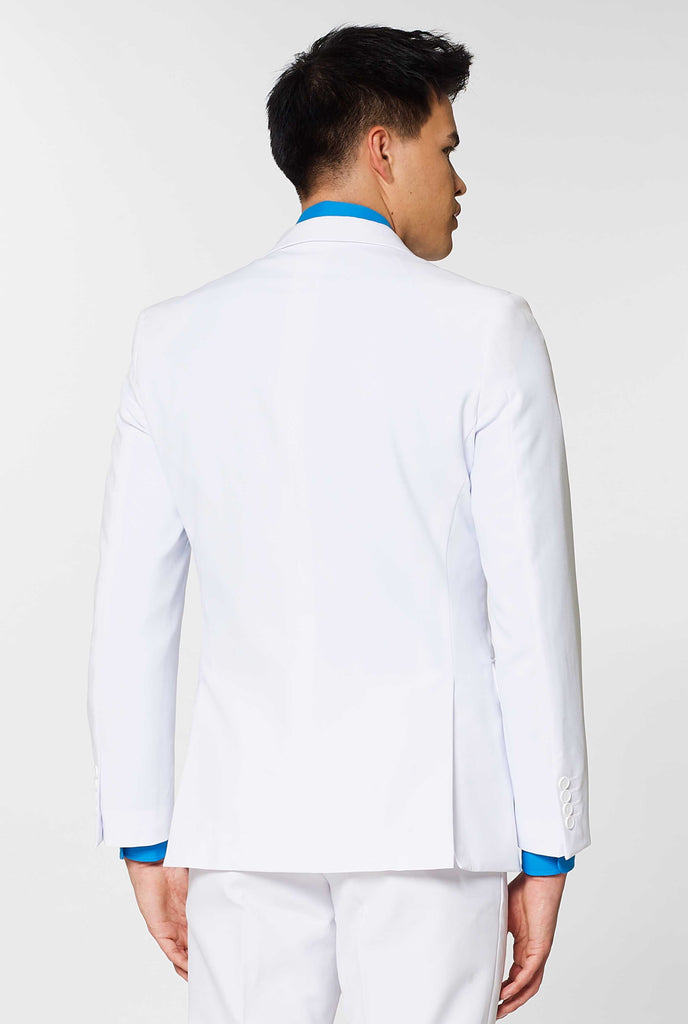 All white suit worn by man showing back