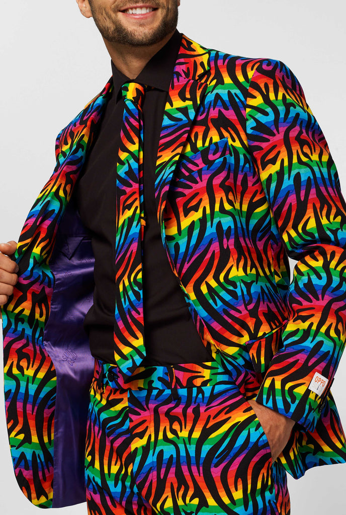 Multi-color pride men's suit Wild Rainbow worn by men, close up