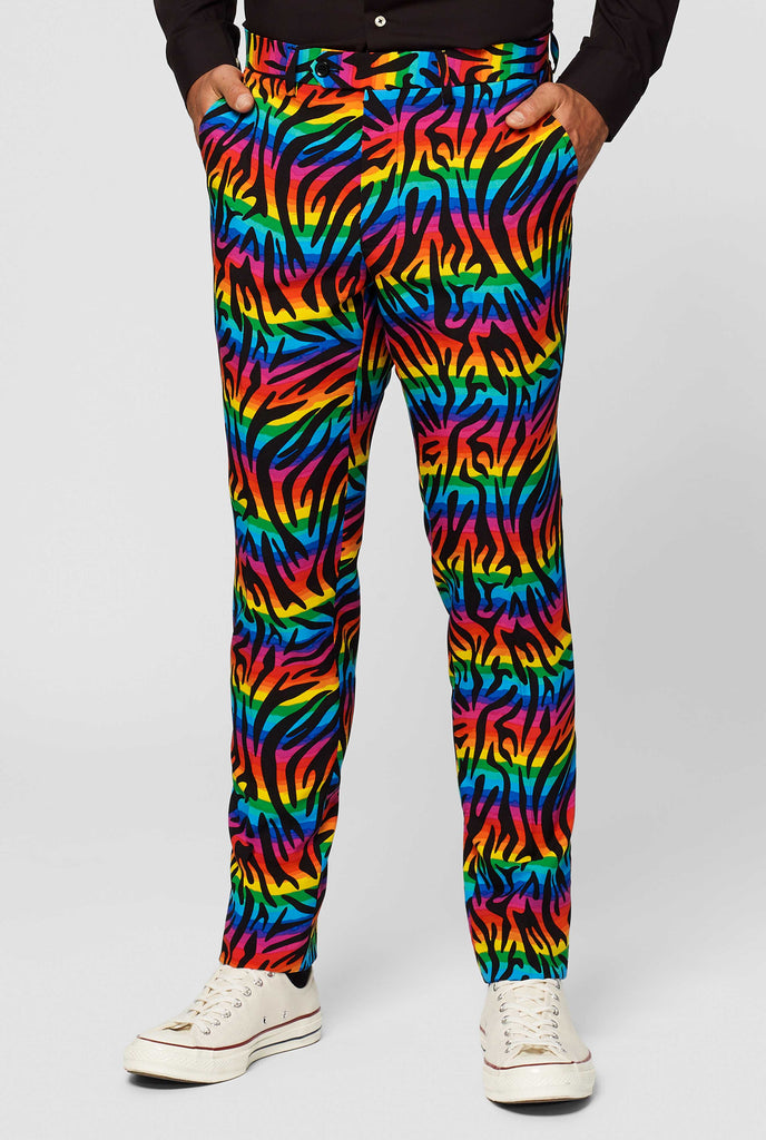 Multi-color pride men's suit Wild Rainbow worn by men, pants close up