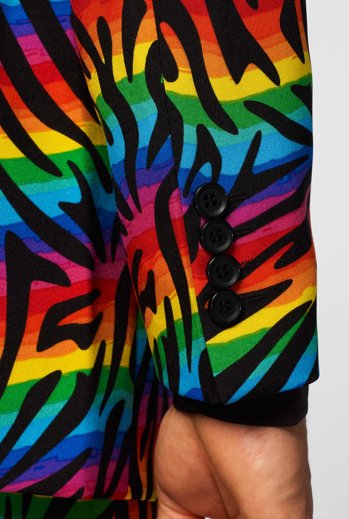 Multi-color pride men's suit Wild Rainbow worn by men, close up