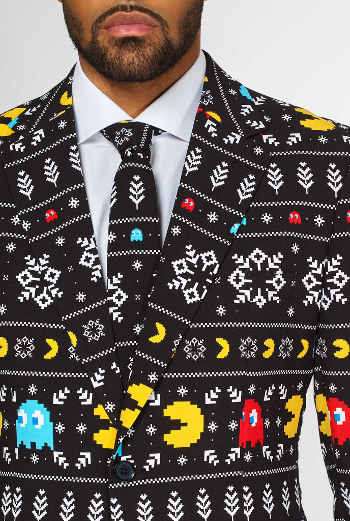 Pac-Man Christmas suit with Christmas theme worn by man