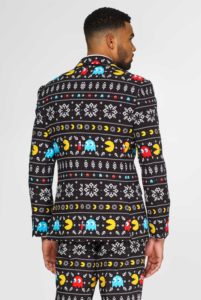 Pac-Man suit with Christmas theme worn by man shown from behind