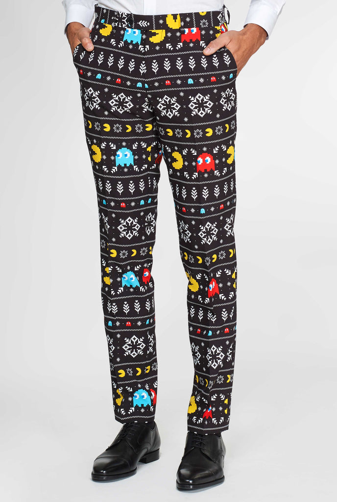 Pac-Man suit pants with Christmas theme