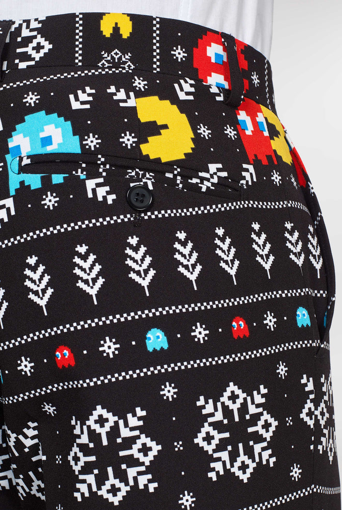 Pac-Man suit pants with Christmas theme close up