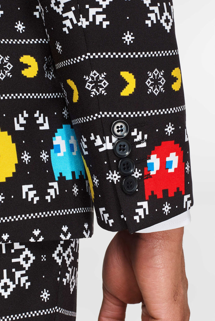 Pac-Man suit with Christmas theme sleeve up close