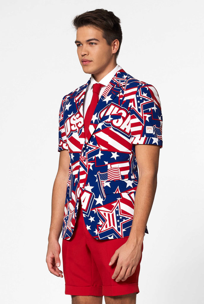 Man wearing USA themed summer suit