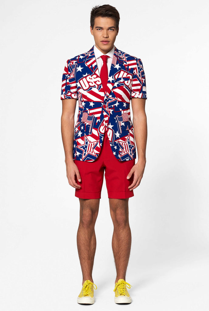 Man wearing USA themed summer suit