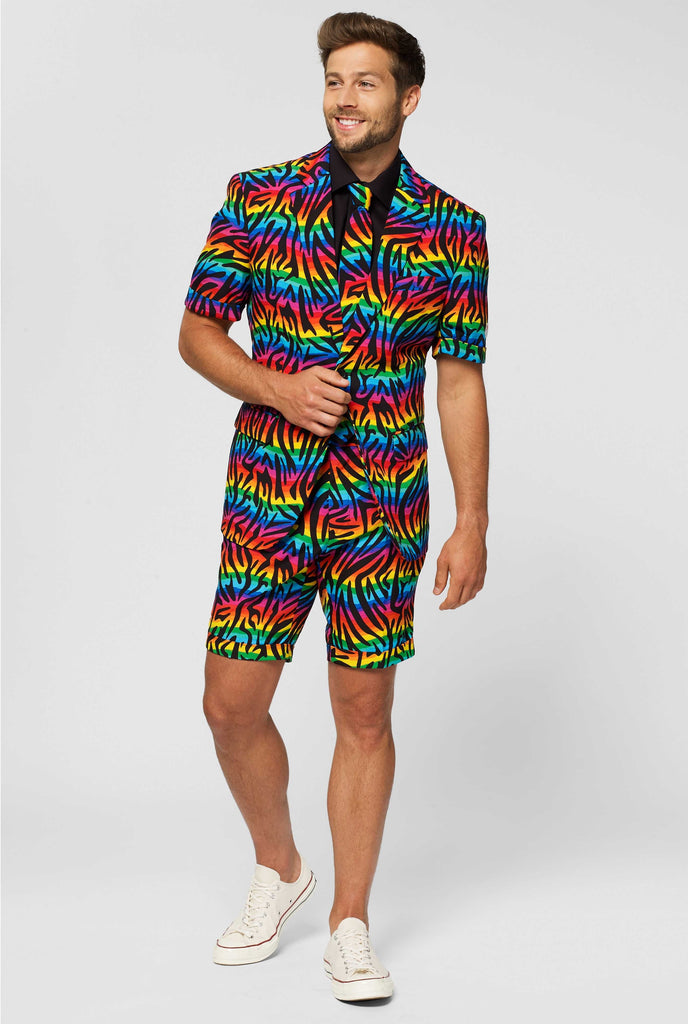 Man wearing summer suit with rainbow zebra stripes print