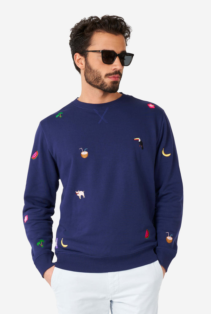 Man wearing blue sweater with summer icons