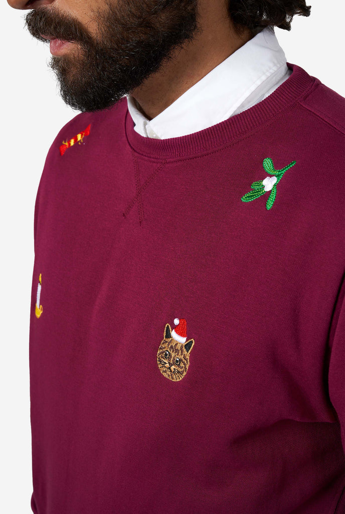 Man wearing burgundy red Christmas sweater with Christmas icons, close up